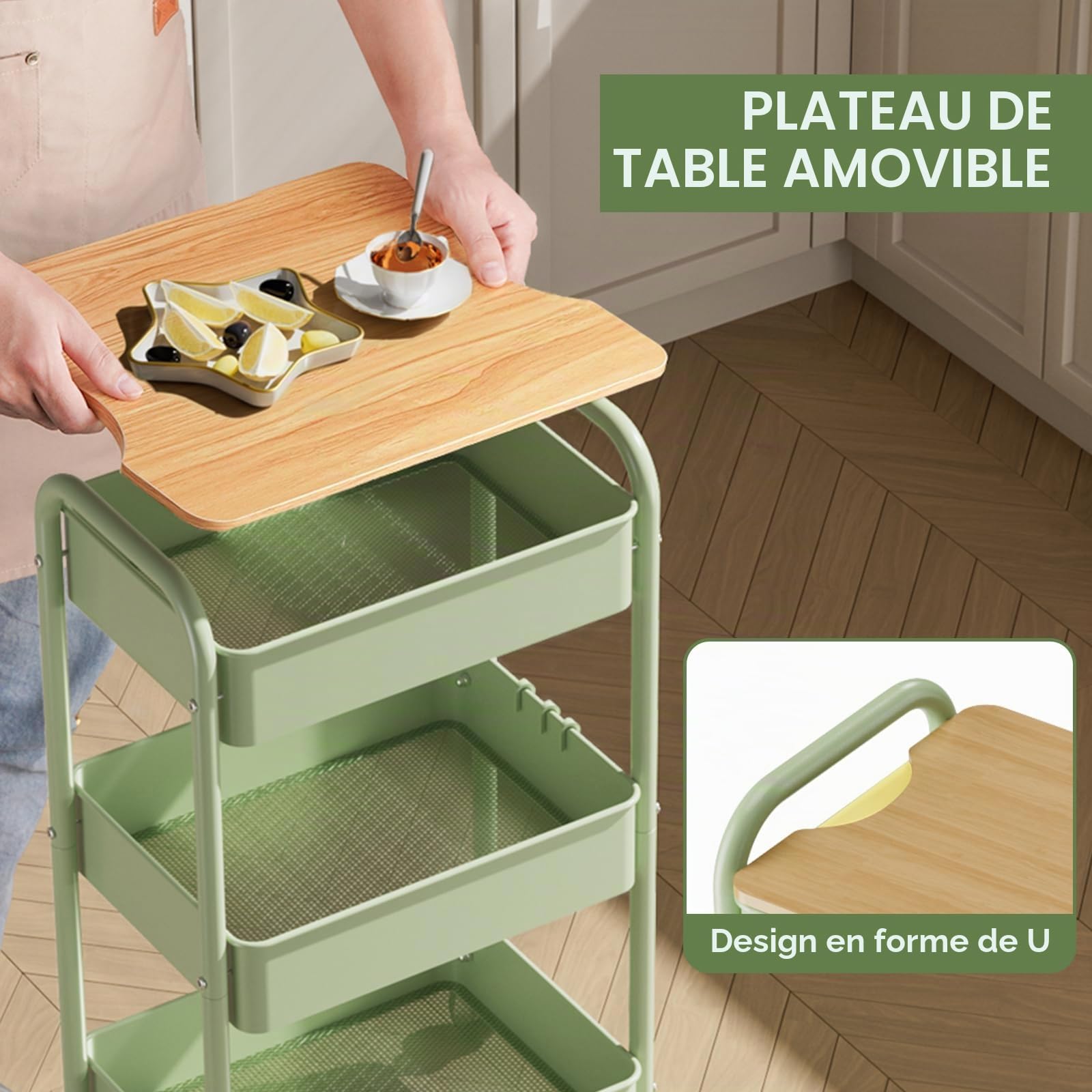 Chariot à 3 Niveaux avec Plateau de Table, Service Polyvalent en Métal, Étagère sur Roues, Organiseur de Cuisine Stable (Vert)