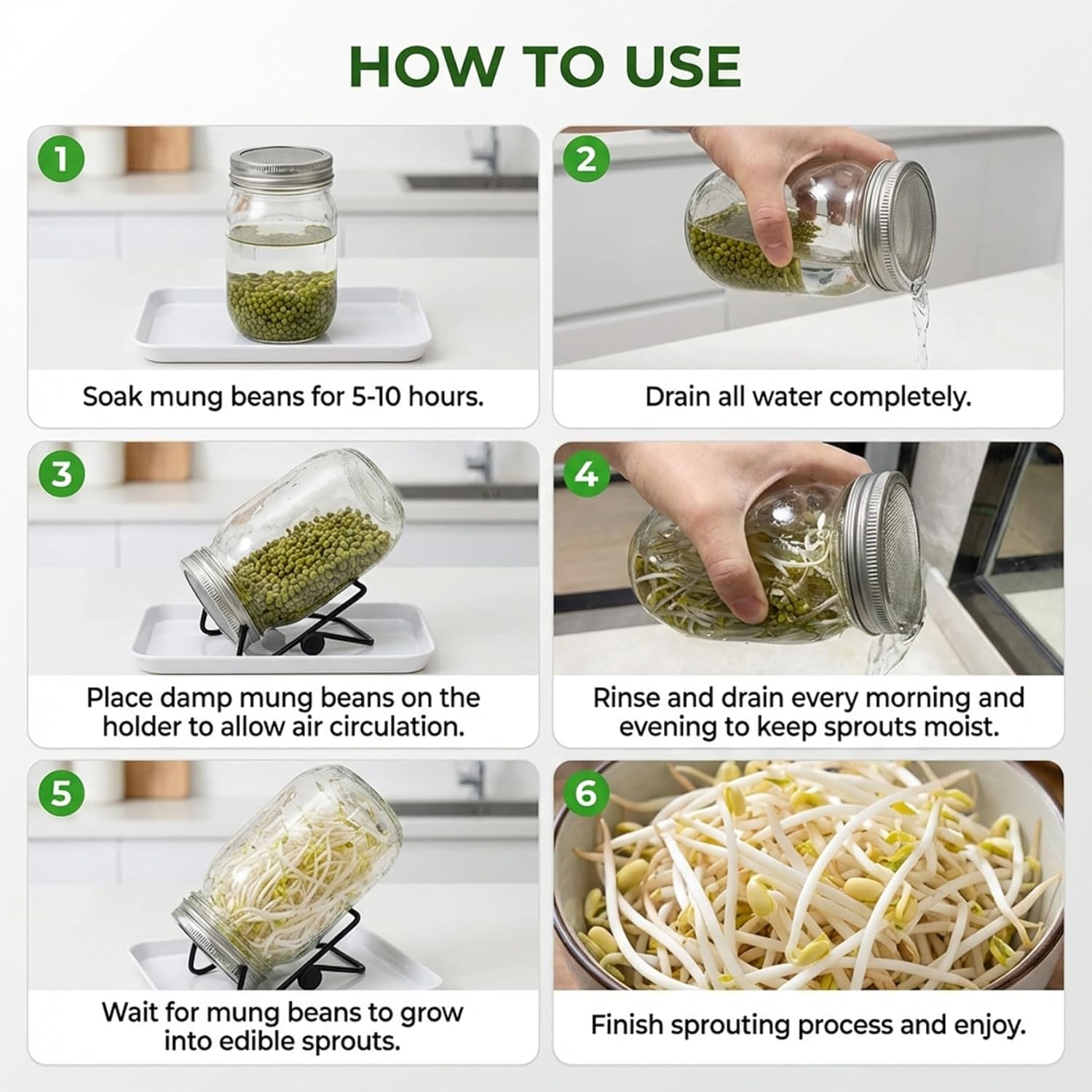 Sprouts Growing Kit Wide Mouth Sprouting Jar Kit with Stainless Steel Mesh Lids Drip Tray and Stand for Broccoli Mung Bean & Alfalfa Sprouts Growing, Sprouting Jar, Seed, SPR