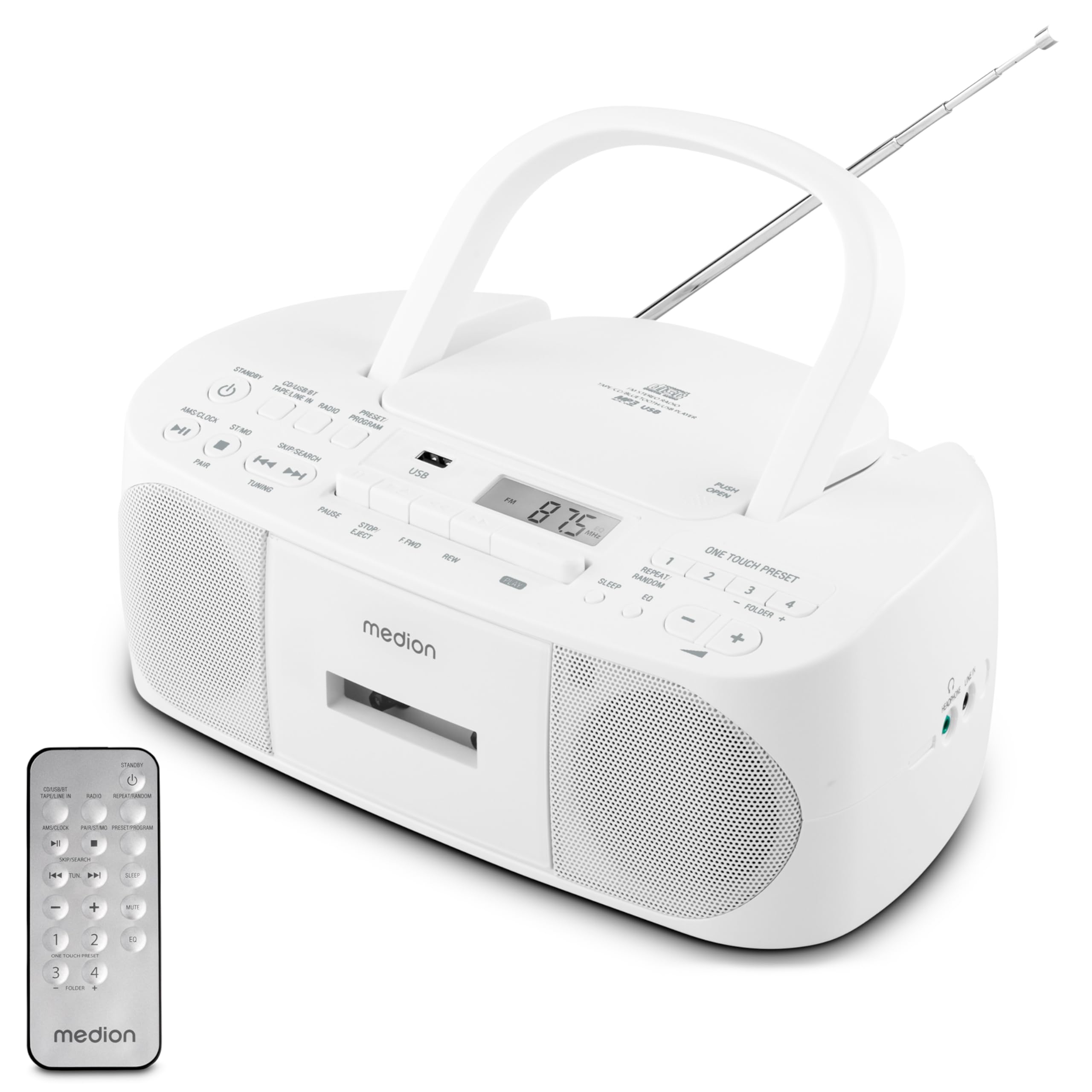 MEDION E65010 Stereoradio (CD-Player, Kassette, USB Anschluss, AUX Audioeingang, MP3-Widergabe. UKW PLL Radio,40 Senderspeicher, Batteriebetrieb, Fernbedienung) weiß