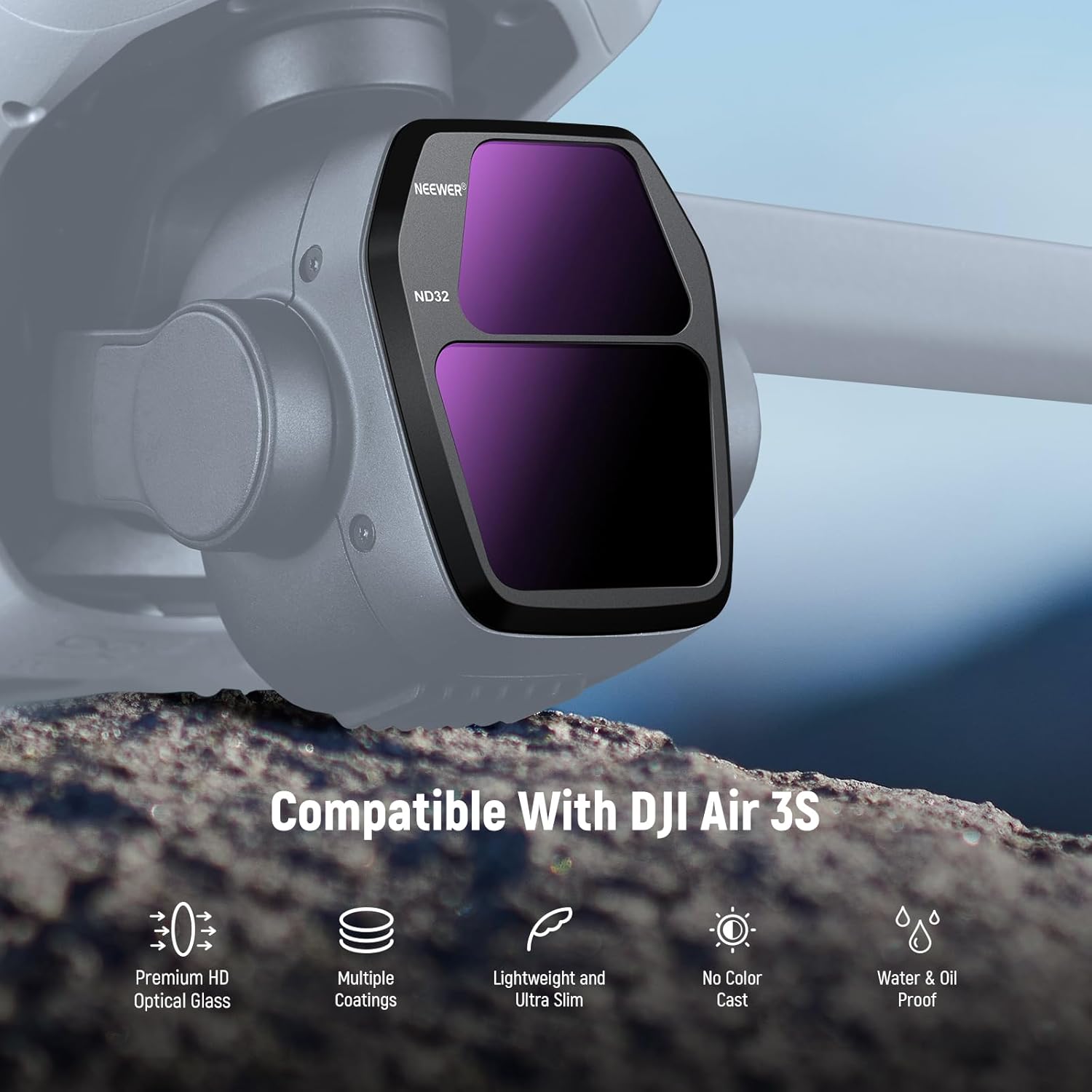 NEEWER ND Filter Set Compatible with DJI Air 3S, 4 Pack ND8+ND32+ND128+CPL Neutral Density Circular Polarizer Secure Drone Accessories Slim Multicoated HD Optical Glass, FL-A85