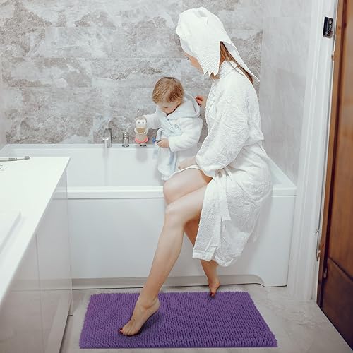 Miniatura 4 de TECHMILLY Tapetes de baño de felpilla suave y esponjosa, antideslizantes, absorbentes, para baño, lavables y de secado rápido, color morado, 17 x 24