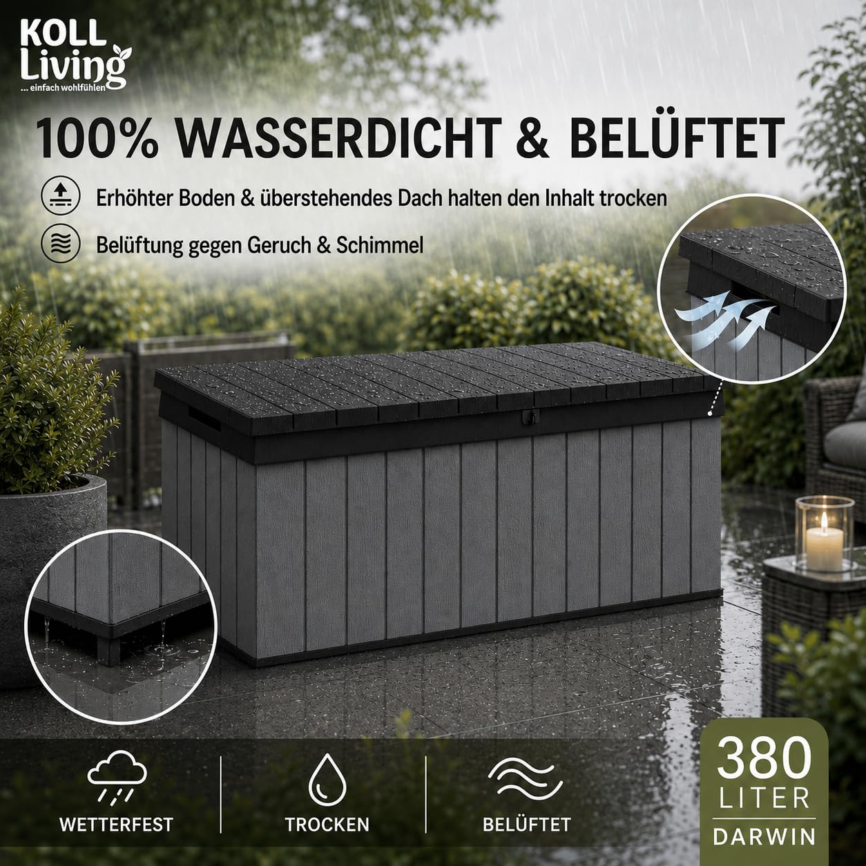 Koll Living Auflagenbox/Kissenbox 380 Liter l 100% Wasserdicht l mit Belüftung dadurch kein übler Geruch/Schimmel l Moderne Holzoptik l Deckel belastbar bis 300 KG (2 Personen)