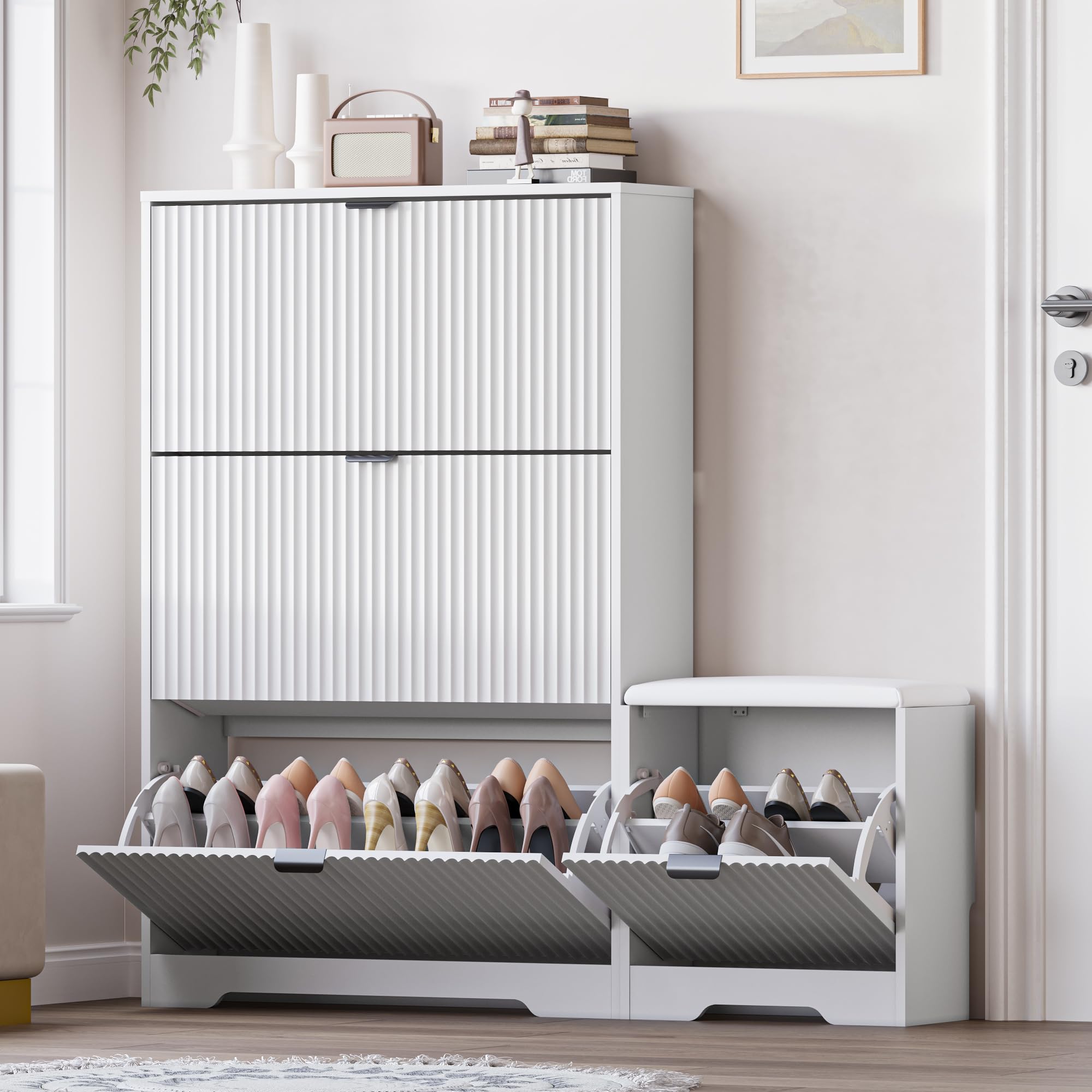 BORNOON Slim Shoe Cabinet with Bench for Entryway, Hidden Storage and Adjustable Shelves, Free Standing Wooden Shoes Organizer for Hallway, Foyer