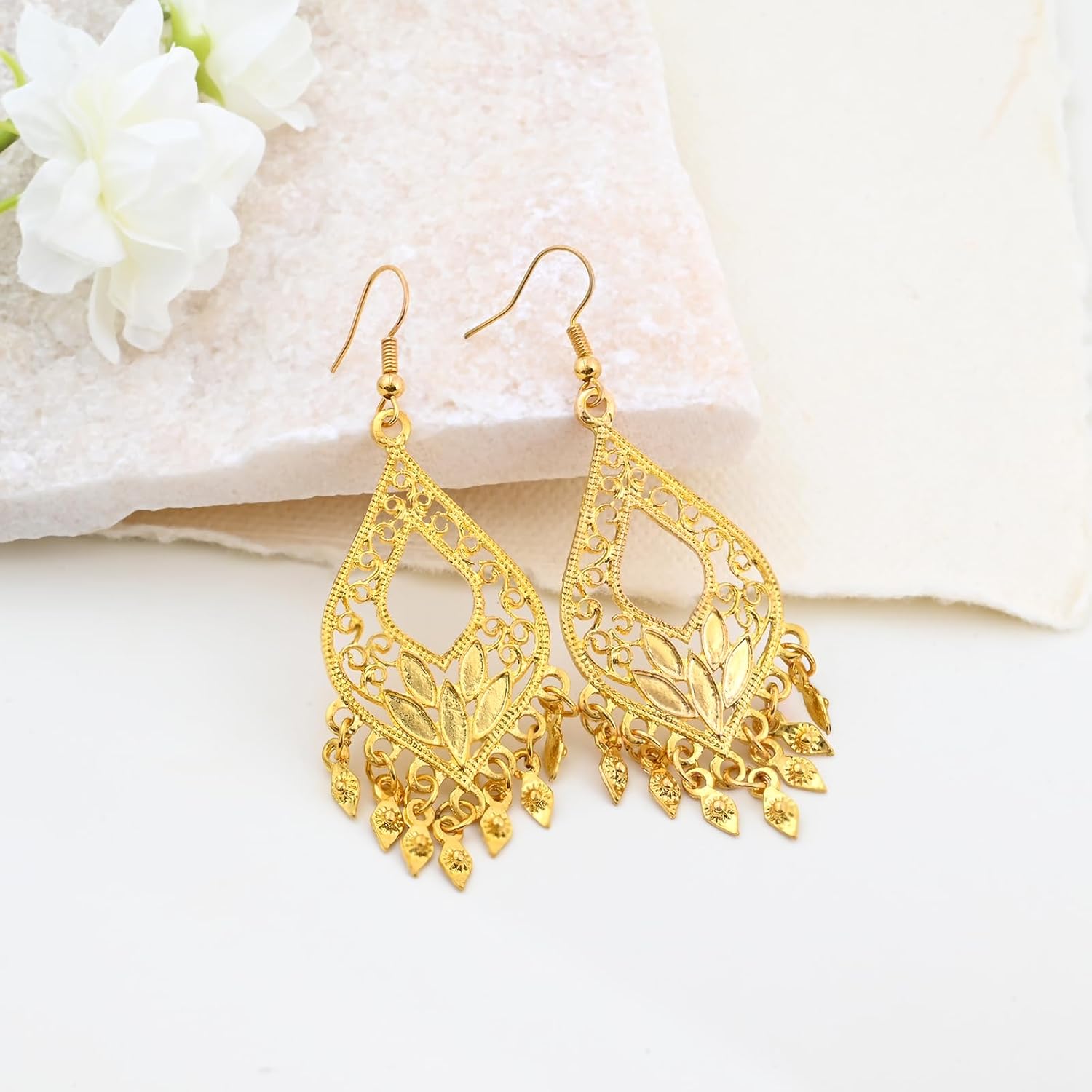 18K Gold Plated Filigree Dangle Earrings - Boho Indian Jewelry - Long Chandelier Design - Gold Plated Brass - 1.02 inches - No Gemstone - Image 6
