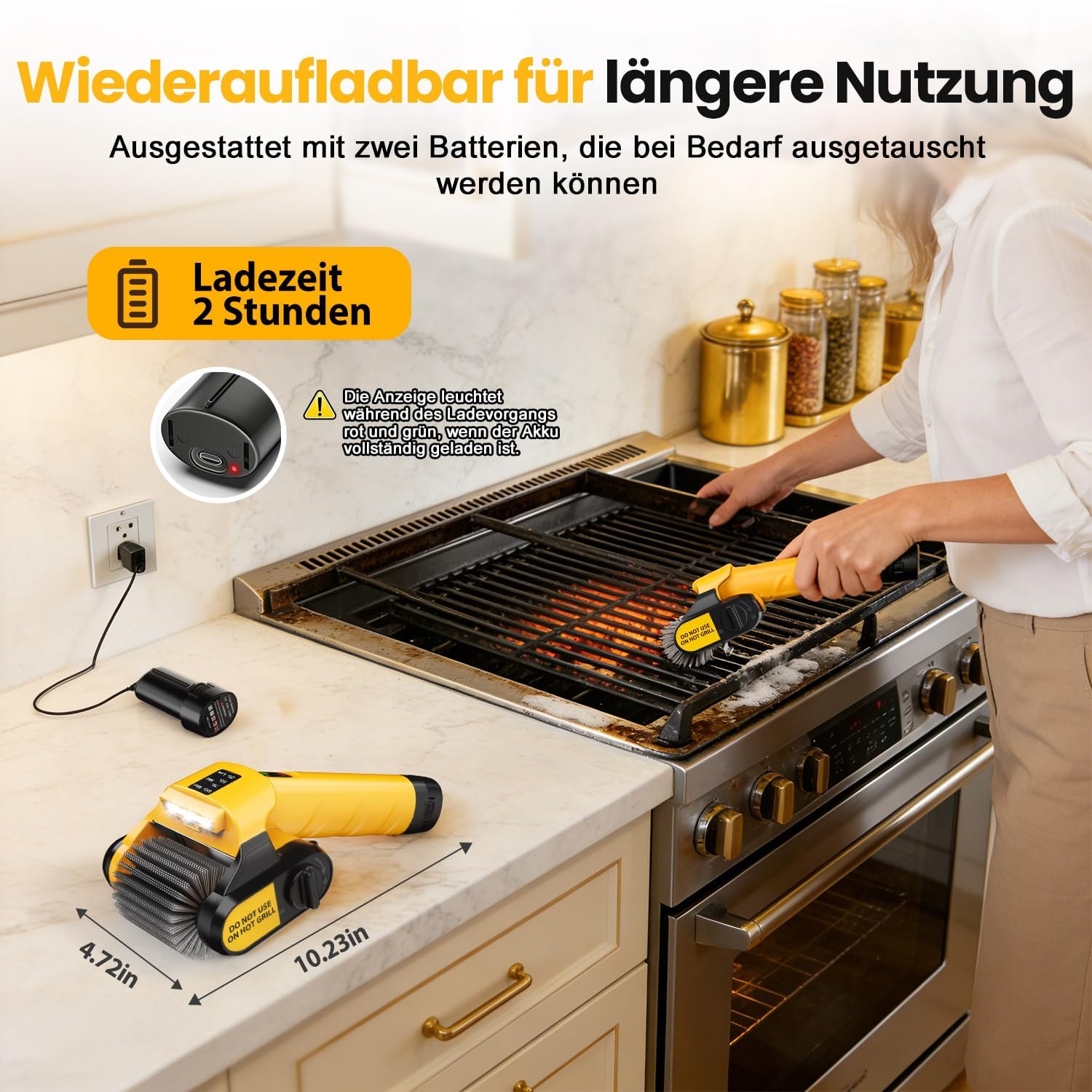qimedo Elektrische Grillbürste BBQ Reiniger mit LED-Licht, 350 Min Laufzeit, Kabellos Grillreiniger Grill Reinigungsbürste mit 3 Stufen, für BBQ, Gussrost, Gasgrill, Elektrogrill