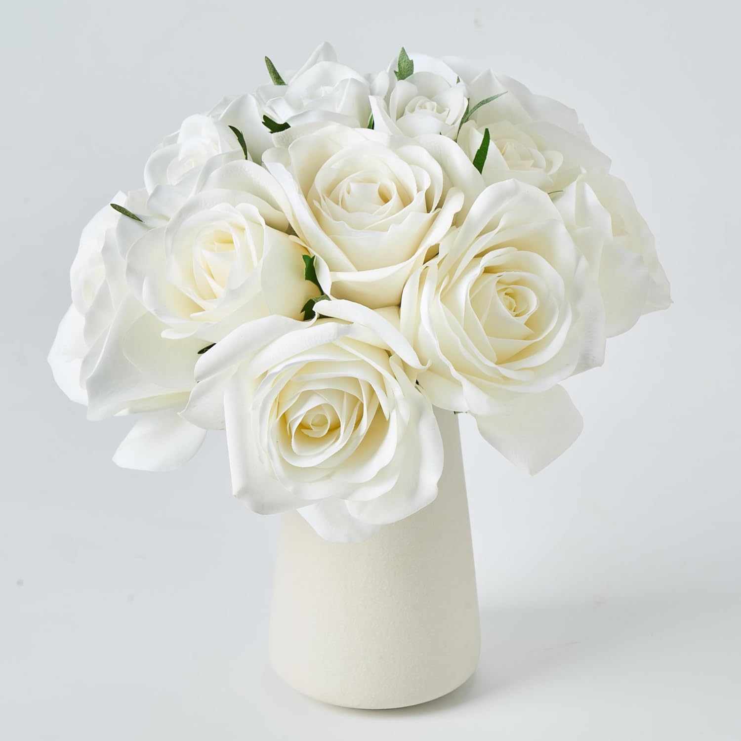 Avoeco 12-Piece Faux Real Touch Rose Bouquet with Ceramic Vase, Fake Flowers in Vase, Artificial Flowers for Home, Wedding, Bridal Bouquet, Party & Dining Table Centerpiece Decor (White, 10" High)