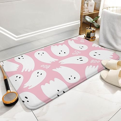 Miniatura 5 de Tapete de baño con diseño de fantasma, color rosa, con patrón de Halloween, antideslizante, lavable, para puerta interior, cocina, pasillo, baño,