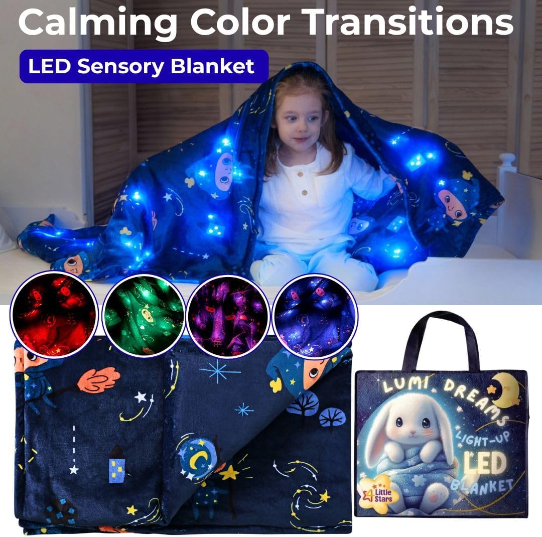 Sensory Blanket for Kids | Light Up Sensory Toys for Kids with Autism | 3 Light Modes - Auto Timer - Aid for Anxiety, ADHD, Autism | Travel Bag - Machine Washable - Cozy Comfort
