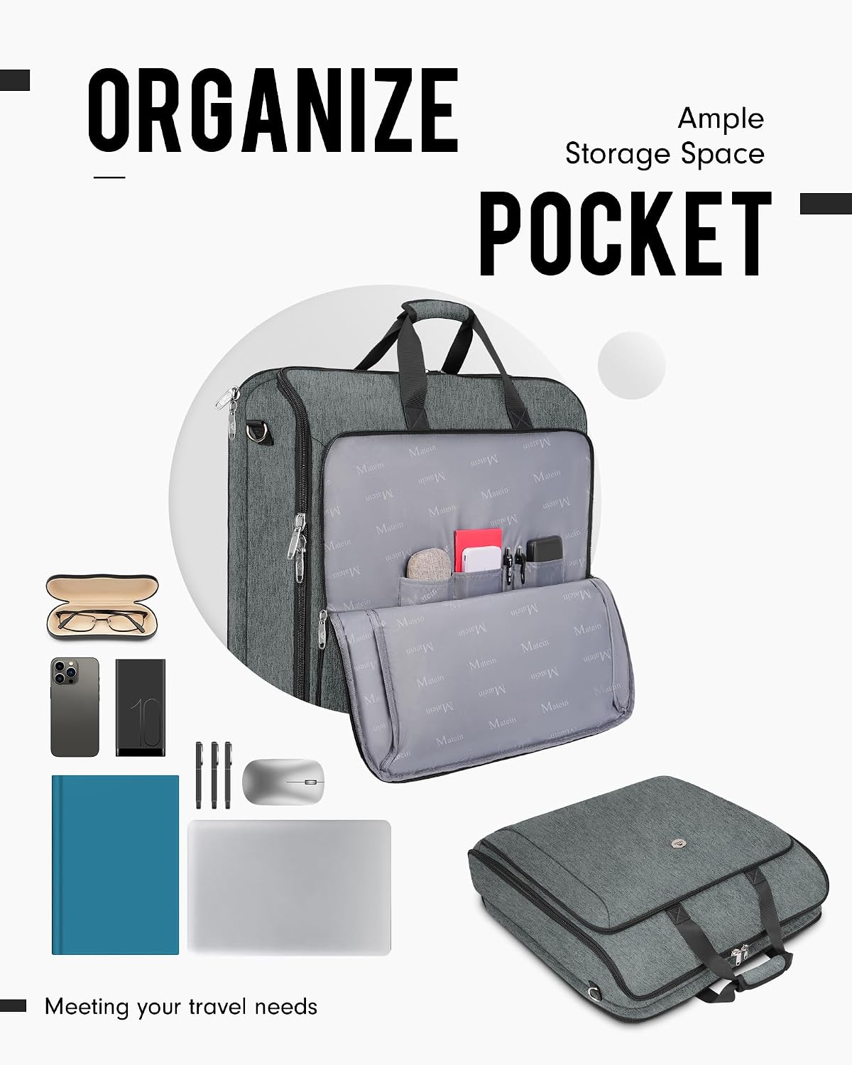 MATEIN Travel Garment Bag, Large Suit Bag Travel Up to 6 Suits with Adjustable Strap for Business Trips, Folding Wrinkle Free 2 in 1 Hanging Suitcase Cover Luggage for Shirts Dresses Coats, Grey