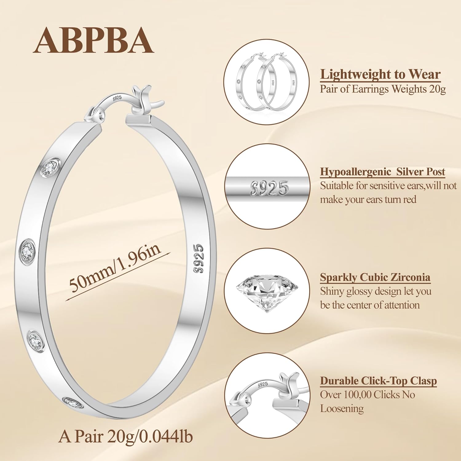 Lightweight Sterling Silver Hoop Earrings for Women 5MM Wide Large Rhinestone Hoop ... - Image 4