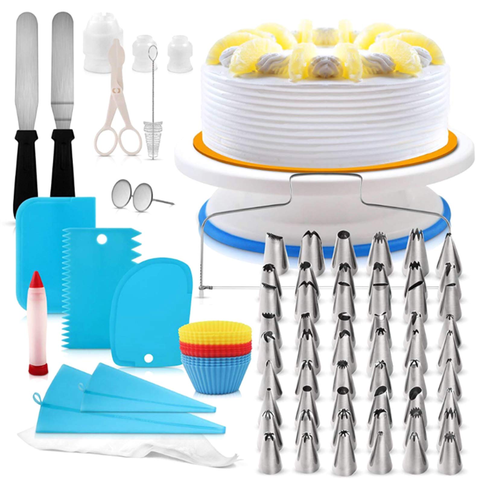 Juego de 106 piezas de suministros para decoración de tartas, juego de herramientas para fondant, tocadiscos, bolsa de tubos, punta de bolígrafo, espátula, bricolaje, pasteles, cupcakes, decoración de