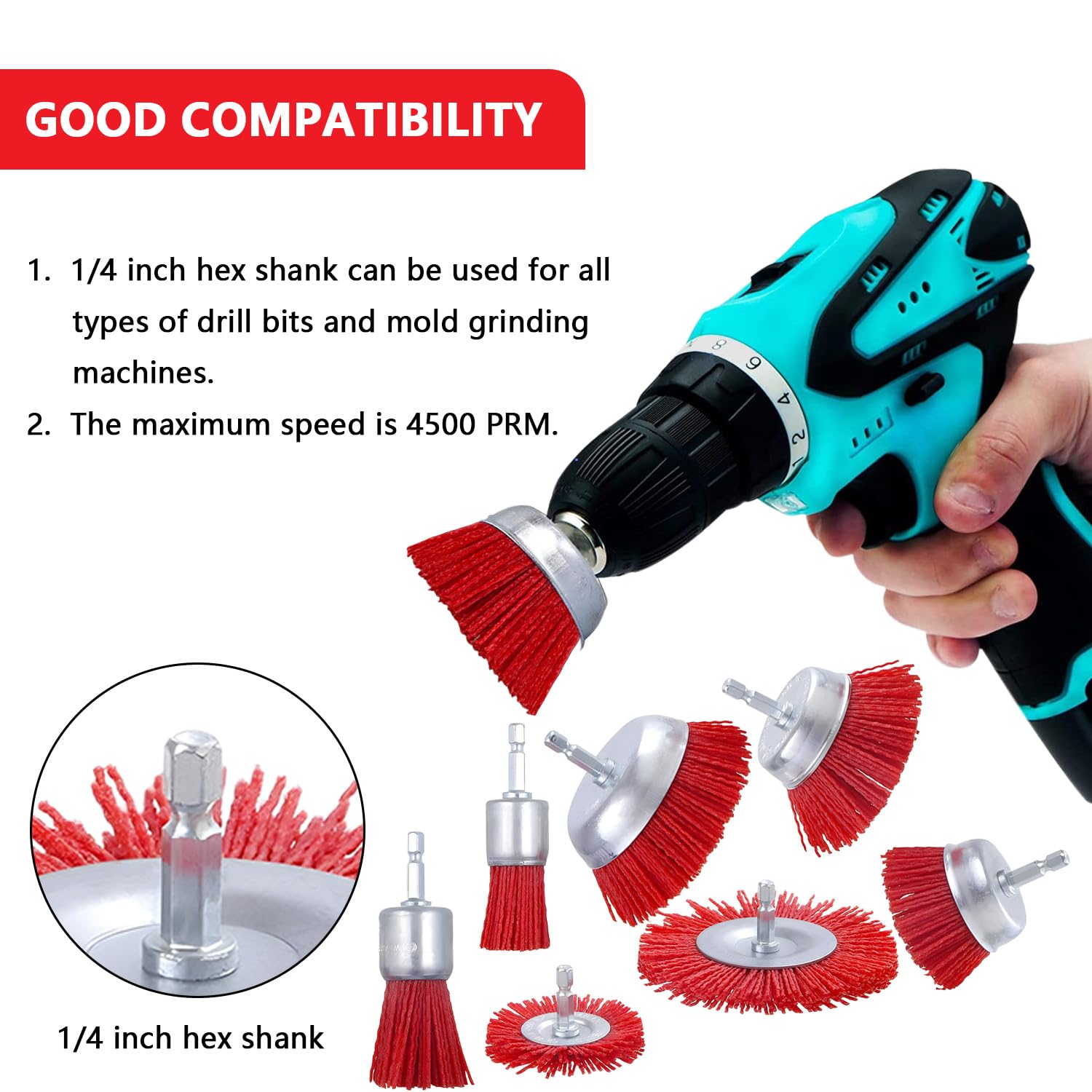 7 Stück Nylonbürste Set mit 1/4 Schaft Nylon Filament Scheibenbürste Topfbürste Pinselbürste Set 7 GrößEn Schleifaufsatz für Bohrmaschine perfekt zum Entfernen von Rost/Korrosion/Farbe