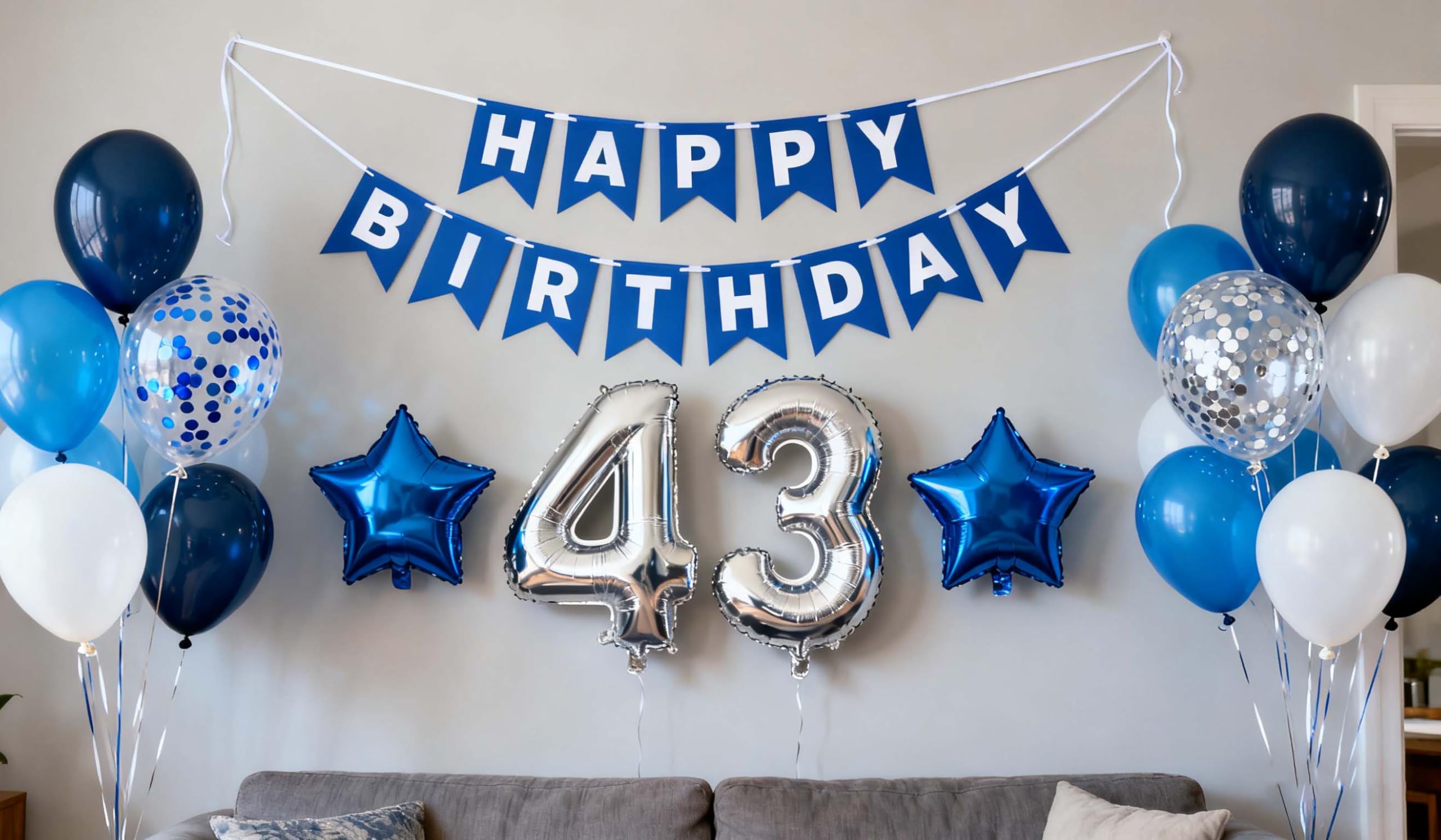 43rd Birthday Party Decoration Blue Silver for Men, Happy Birthday Banner Number 43 Star Foil Balloons Latex Confetti Balloons for Men Him Husband 43