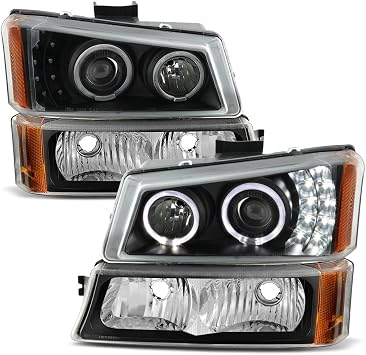 ACANII - For Black 2003-2006 Chevy Silverado 1500 LED Halo Projector Headlights+Bumper Lights Driver + Passenger Side