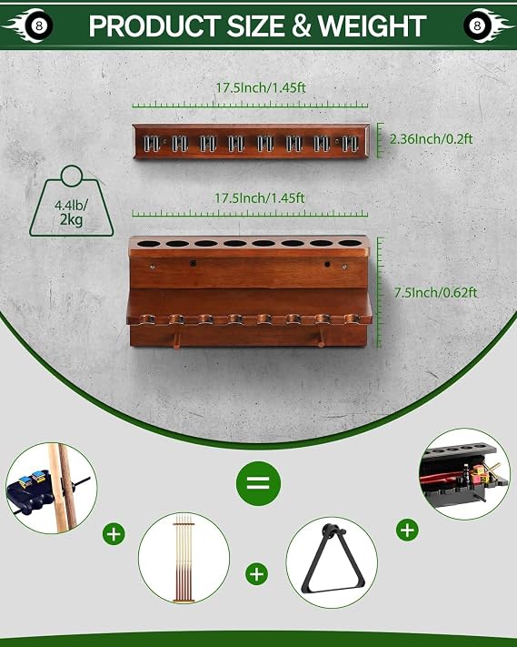 EXTCCT Wall Mount Pool Cue Holder, Snooker Billiards Rack, 8 Cue Brown
