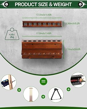 EXTCCT Wall Mount Pool Cue Holder, Snooker Billiards Rack, 8 Cue Brown