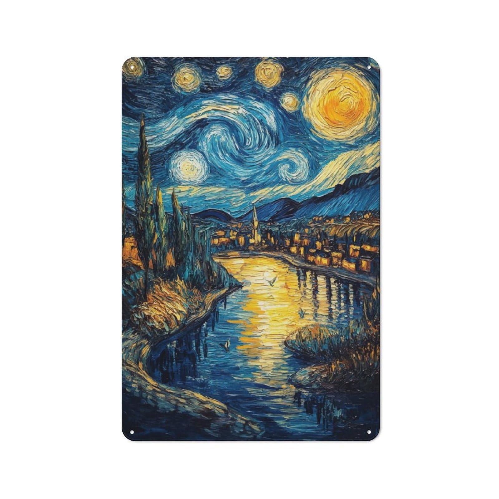 Junmoney Starry Night Village Tin Wall Plaque 30X20cm With For Kitchen Or Home Bar, Suited To Kitchen Decor Lovers