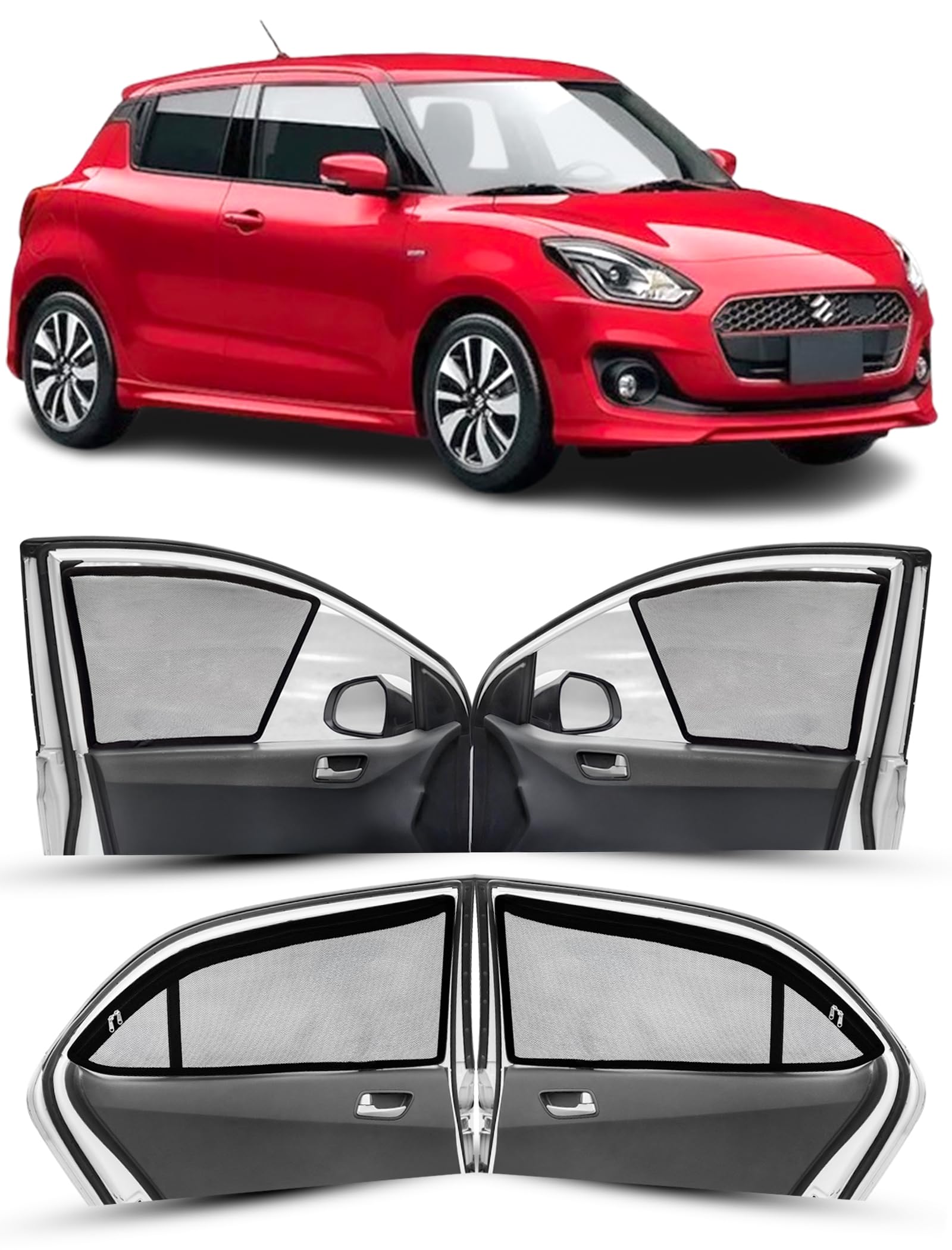 Autofact Magnetic Car Sunshades Compatible with Maruti Swift (2018 to 2024) (Set of 4) – Easy Installation, UV Protection (Front 2 Half-Cut for Side Mirror Visibility, Rear 2 with Zippers)