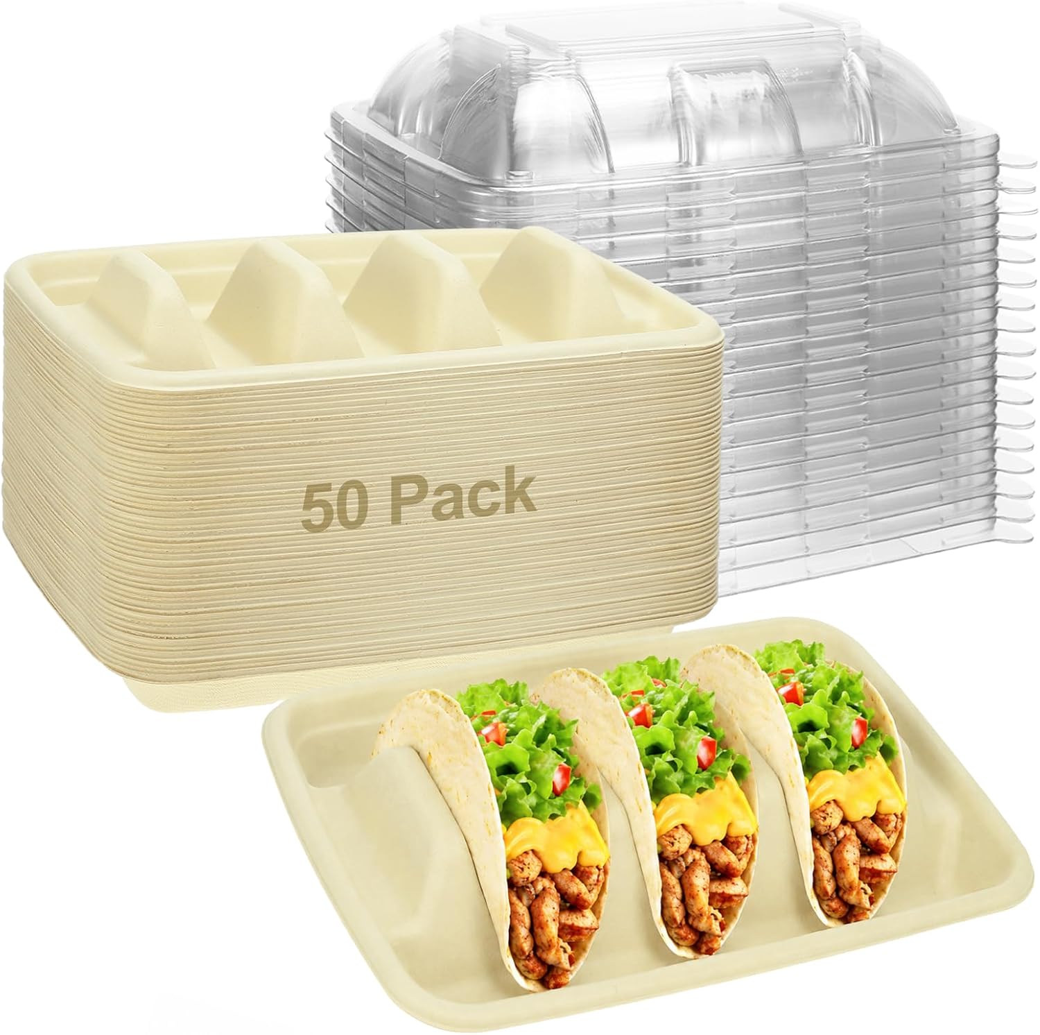 50 Pack Disposable Taco Holders with Lids, 3-Compartment Paper Serving Trays for 3 Tacos, Sturdy Party Plates for Taco Tuesday, Catering, Takeout, Picnic & Outdoor Events