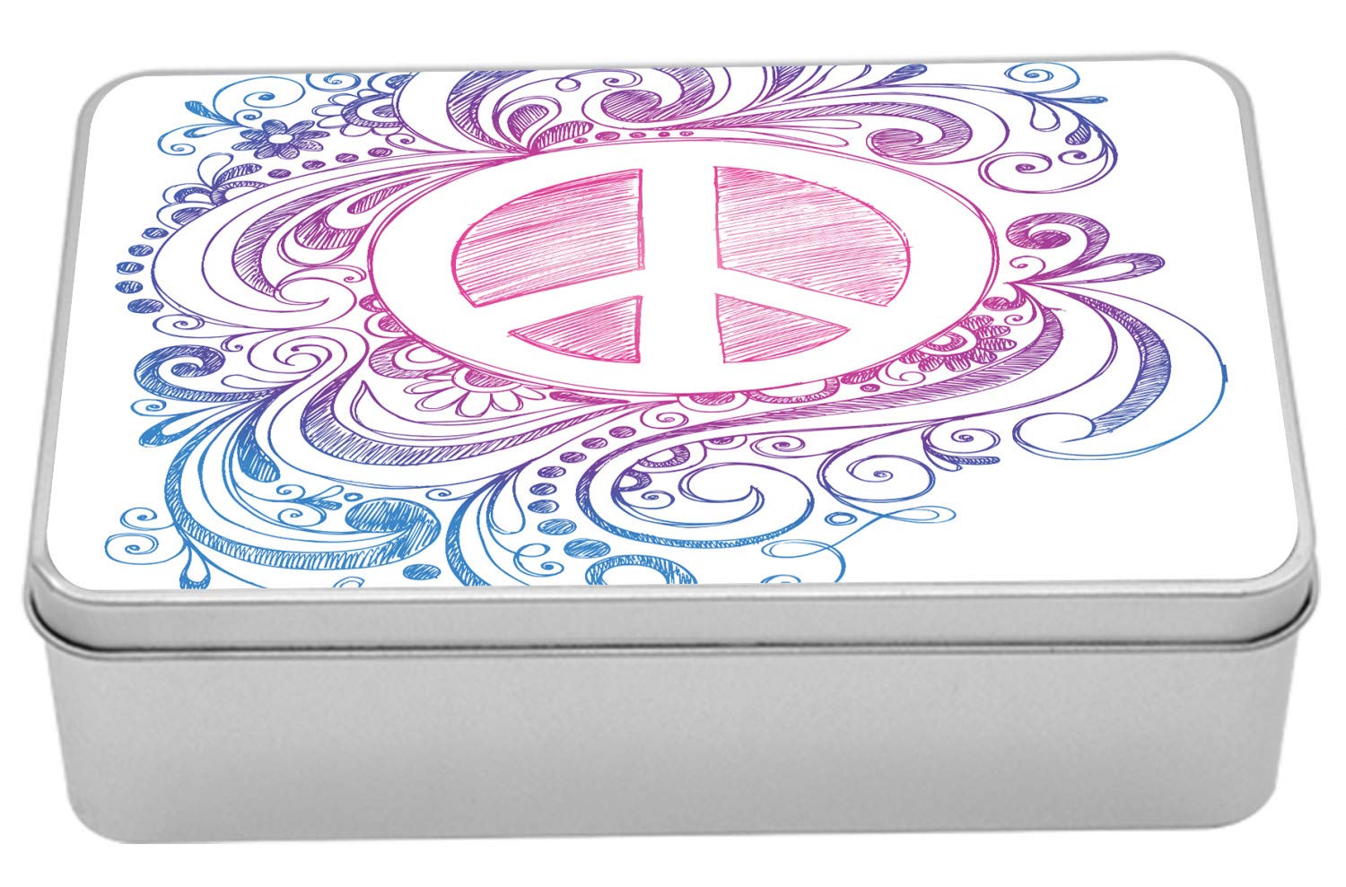 AmbesonneGroovy Tin Box, Classic Hand Drawn Style Peace Sign and Swirls Freedom Change Hope Roll, Portable Rectangle Metal Organizer Storage Box with Lid, 7.2" X 4.7" X 2.2", White Pink