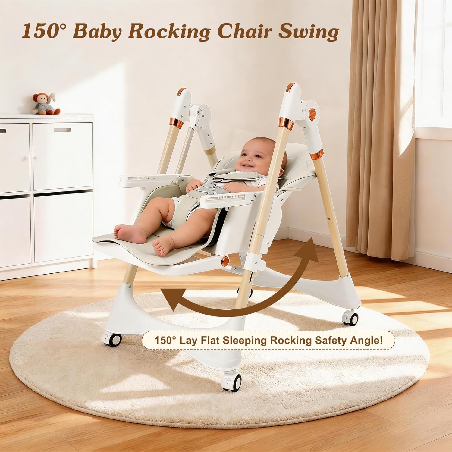 3-in-1 baby high chair with soothing rocker | convertible baby high chair for babies and toddlers | brake wheels, easy clean, space saving | adjustable, removable tray (white)