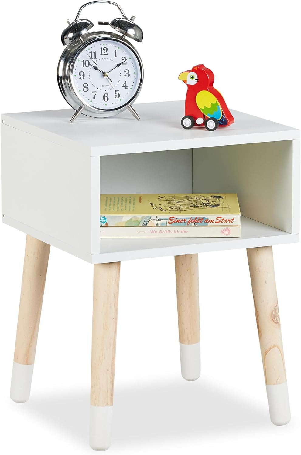 Relaxdays Children's Bedside Table, Nightstand with Open Shelf, 40x30x30 cm, Kids Bedroom, 4 Wooden Legs, MDF, White, Fibreboard, Wood