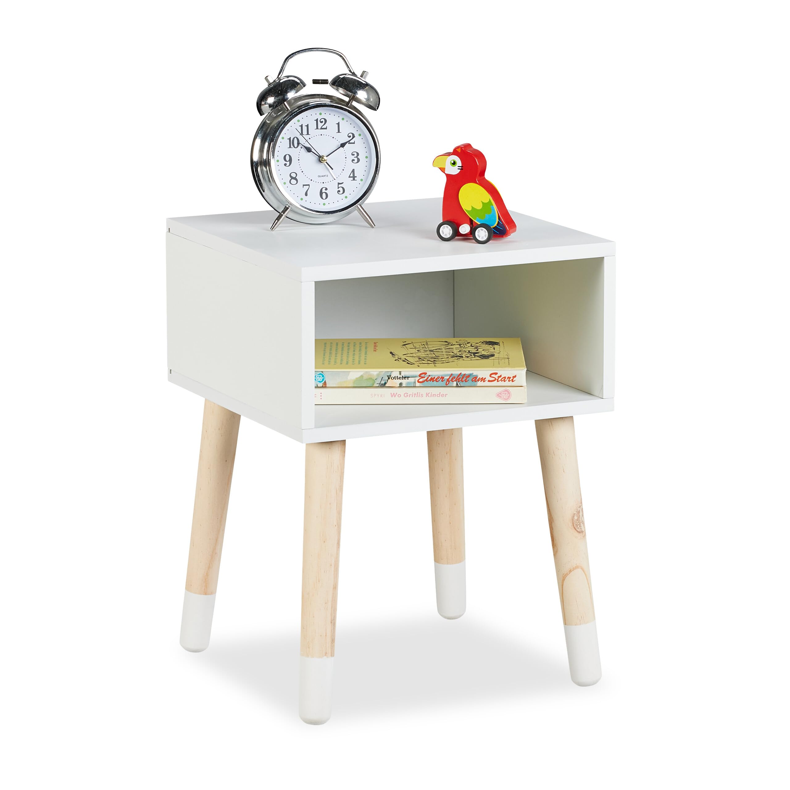 Relaxdays Mesita de Noche Infantil, Cajón Abierto, 40x30x30 cm, Mueble Niños, 4 Patas, Madera y MDF, Blanco y Natural