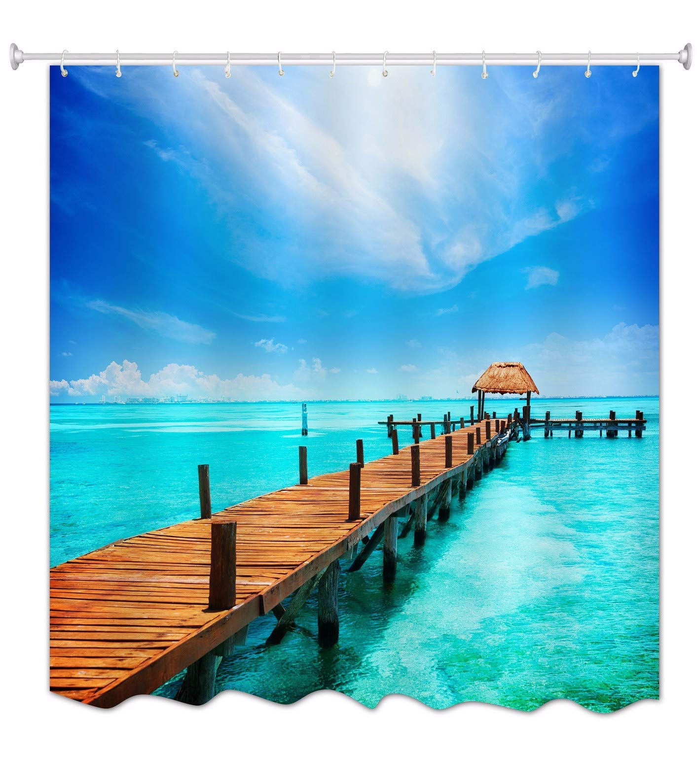 A.Monamour Long Wooden Path Road Into Sea Blue Sky Seaside Scenic Print Polyester Waterproof Shower Curtain 180X180 Cm / 72X72 Inch