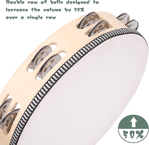 Miniatura 4 de Paquete de 2 panderetas de doble fila de 8 pulgadas para adultos, pandereta de tambor de mano de madera con cascabeles de metal, instrumentos