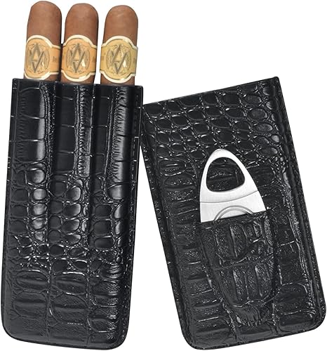 Funda de cuero para cigarros, humidor de cigarros portátil de 3 dedos, funda para cigarrillos, tubo de cigarros de viaje con cortador de acero