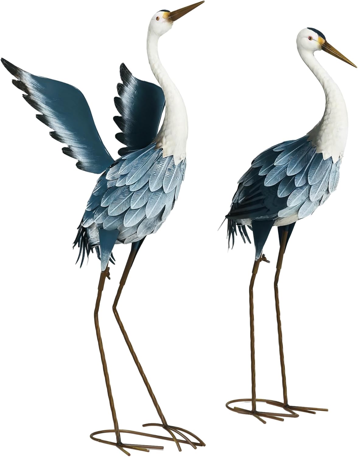 Outsunny Heron Garden Statues, 29" & 27.5" Standing Bird Sculptures, Metal Yard Art Decor for Lawn, Patio, Backyard, Landscape Decoration Set of 2, Blue & White