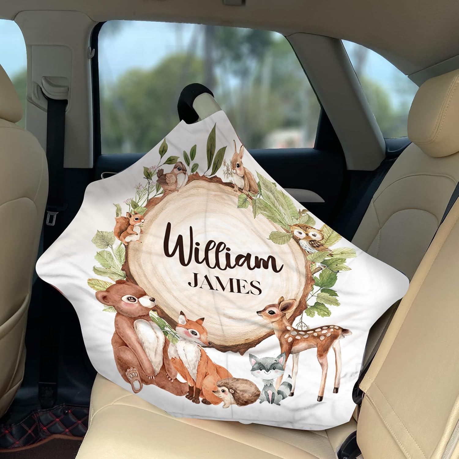 Personalized Baby Car Seat Cover Stroller Canopy: Custom Name Newborn Baby Girl Elastic Safari Animals Nursing Cover for Moms First Birthday Gift Deer(one Size)