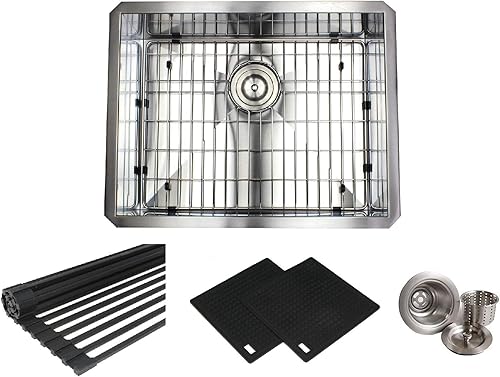 Fregadero de cocina de acero inoxidable con diseño de radio cero de 23 pulgadas, calibre 16, montaje inferior, paquete premium, acero inoxidable (23
