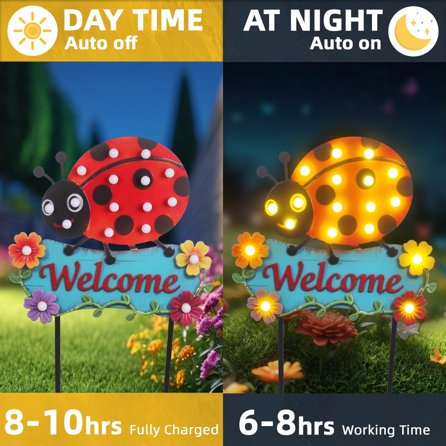 Piquets de jardin décoratifs de 110 cm avec grand panneau de bienvenue en métal, lampes solaires d'extérieur étanches avec 18 ampoules pour décoration de printemps et d'été, décoration de