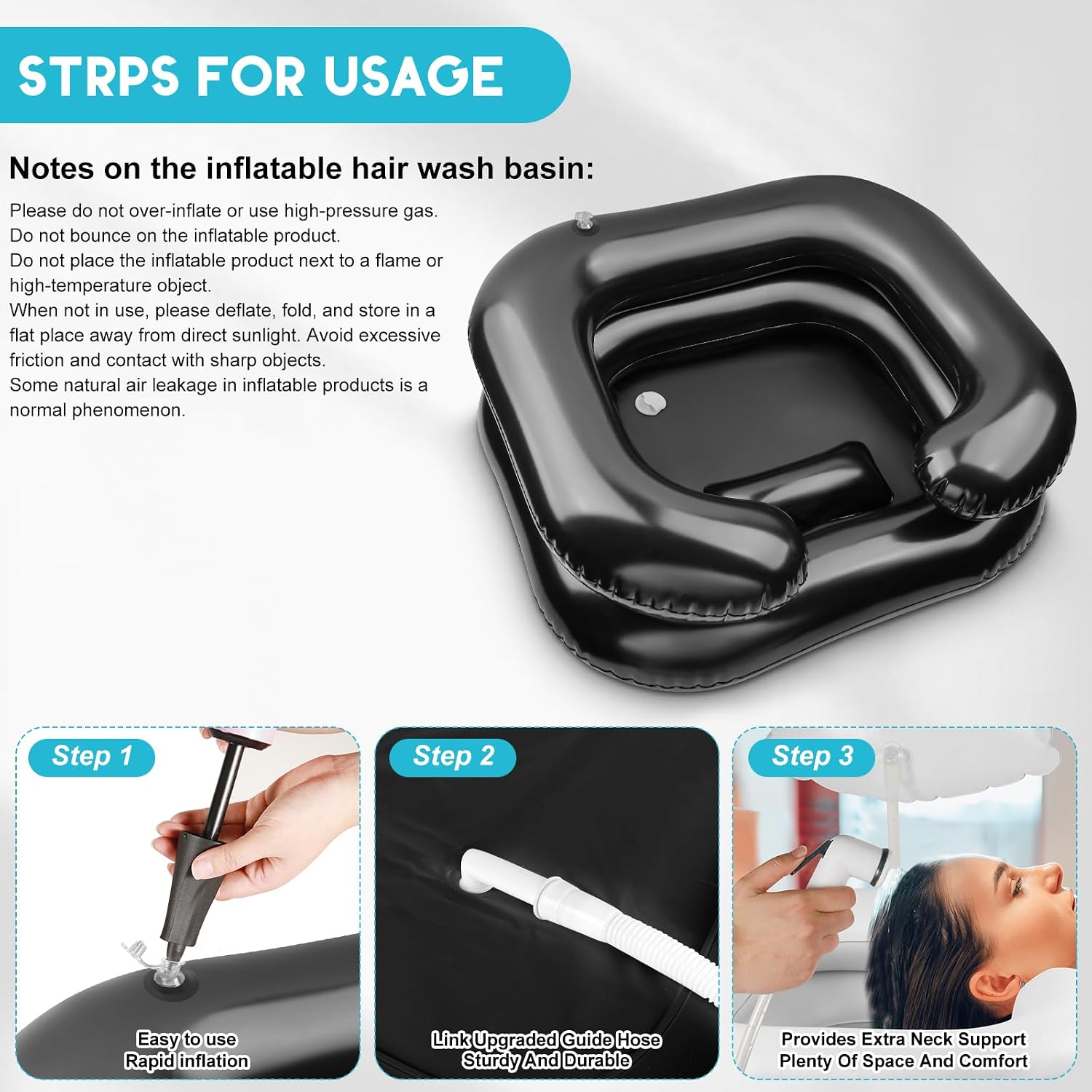 Inflatable Shampoo Basin, Loc Detox Tub for Dreads, Shampoo Buddy Bowl for Bedridden, Disabled,Injured with 2.5 GL Portable Water Shower Bag（Black）