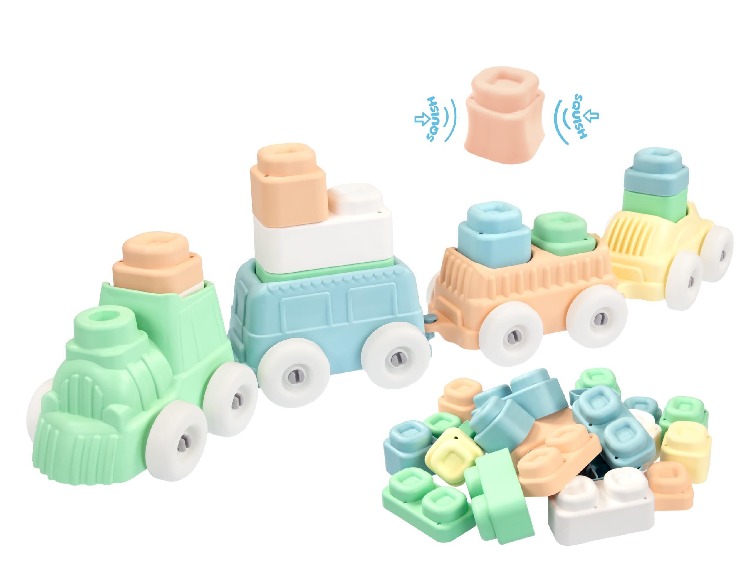 Mochtoys Zestaw Do Zabawy, Pociąg, 3 Wagoniki i 12 Klocków, Pastelowe Kolory, Kompatybilny z Serią Play&Squish, Dla Dzieci Od 1 Roku Życia