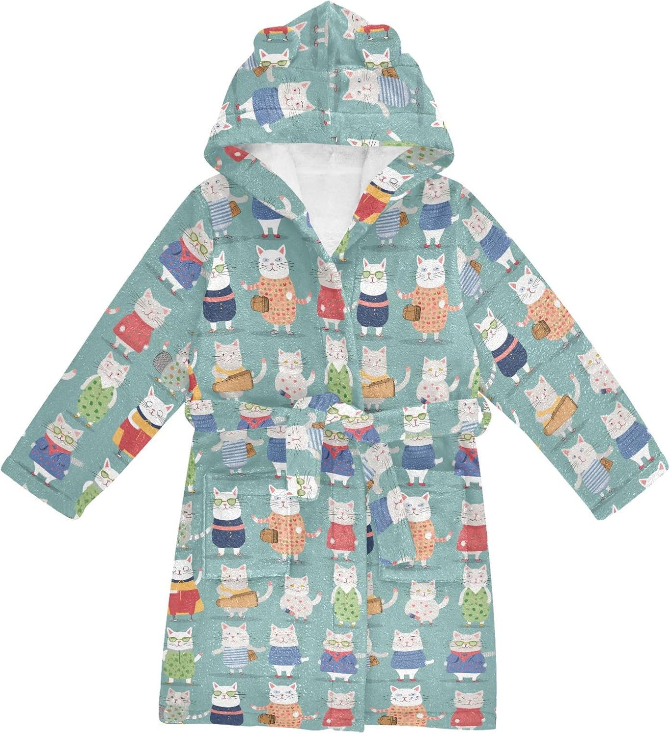 senya Colorful White Cat Toddler Hooded Bathrobe Kids Soft Plush Bath Towel Robes for Boys Girls 2-12 Years