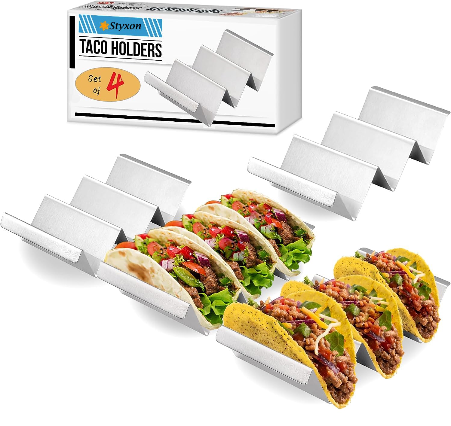 Styxon Taco Holders 4 Packs - Stainless Steel Taco Stand Rack Tray Style by, Oven Safe for Baking, Dishwasher and Grill Safe