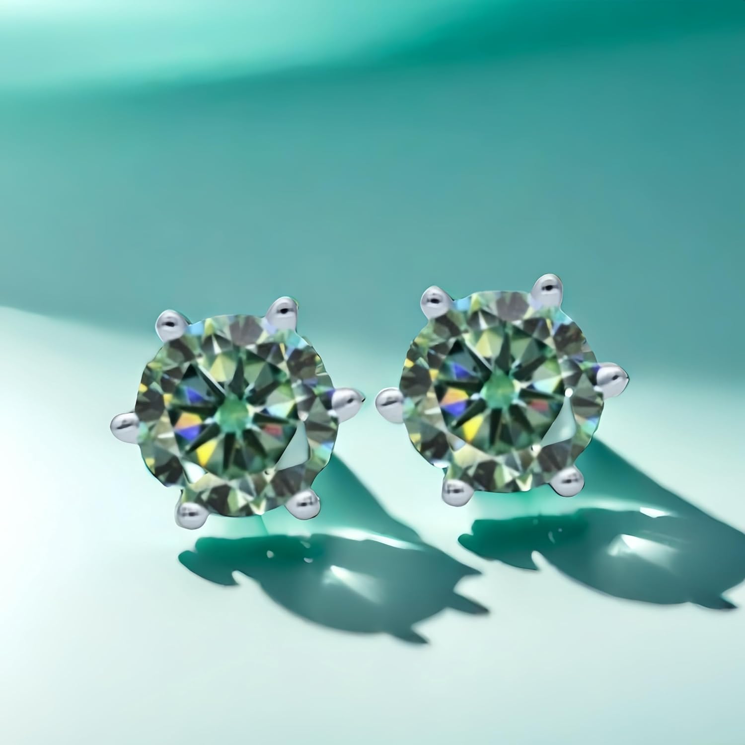 18K White Gold Plated Sparkling Moissanite jewelry 925 Sterling Silver Hypoallergenic 6-Prong Multi-Color Simulated Diamond Stud Earrings for Women/Men 4-9mm 0.6/1/2/4/6CT