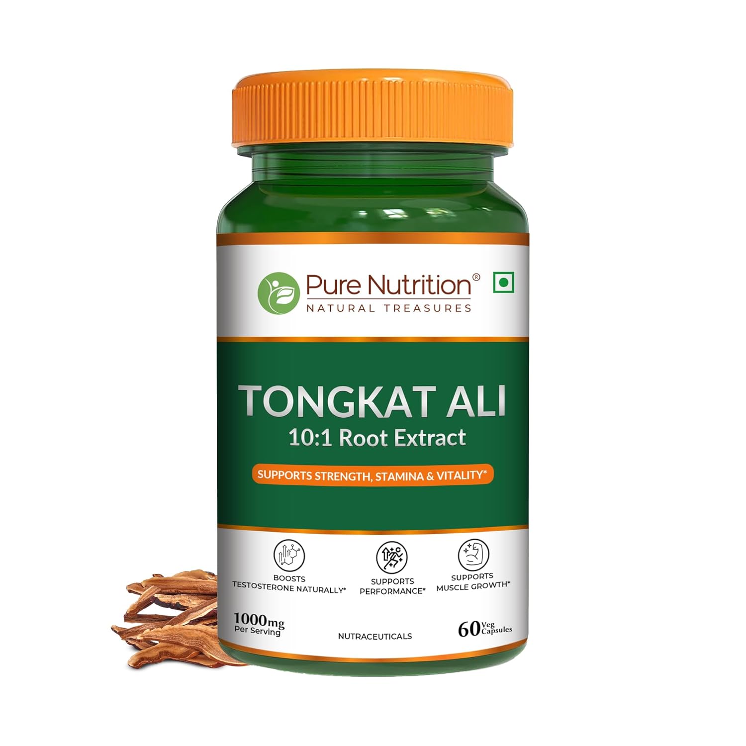 Pure Nutrition Organic Tongkat Ali 1000mg | 60 Veg Capsules | Supports Male Wellness | Boosts Energy, Immunity & Stamina | Enhances Stress Tolerance | Natural Herbal Supplement | Gluten-Free