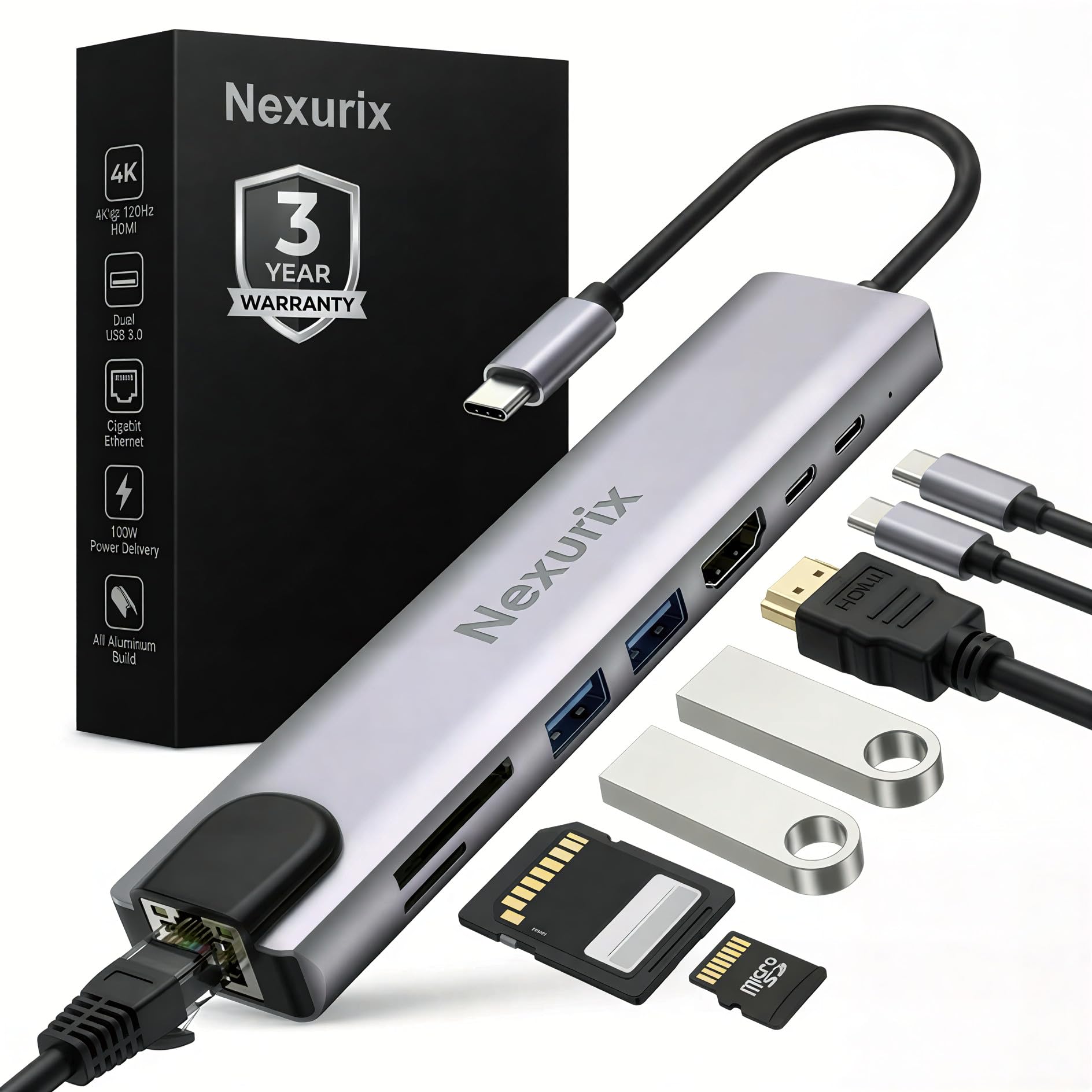 NEXURIX 8-in-1 Type C Hub/Docking Station with 100W Power Delivery&USB C Data Transfer Multiport Adapter with 4K HDMI,USB 3.0,100 MBPS Ethernet,SD/TF Card Reader,for All Type C Devices-MacBook,Laptops-image-45