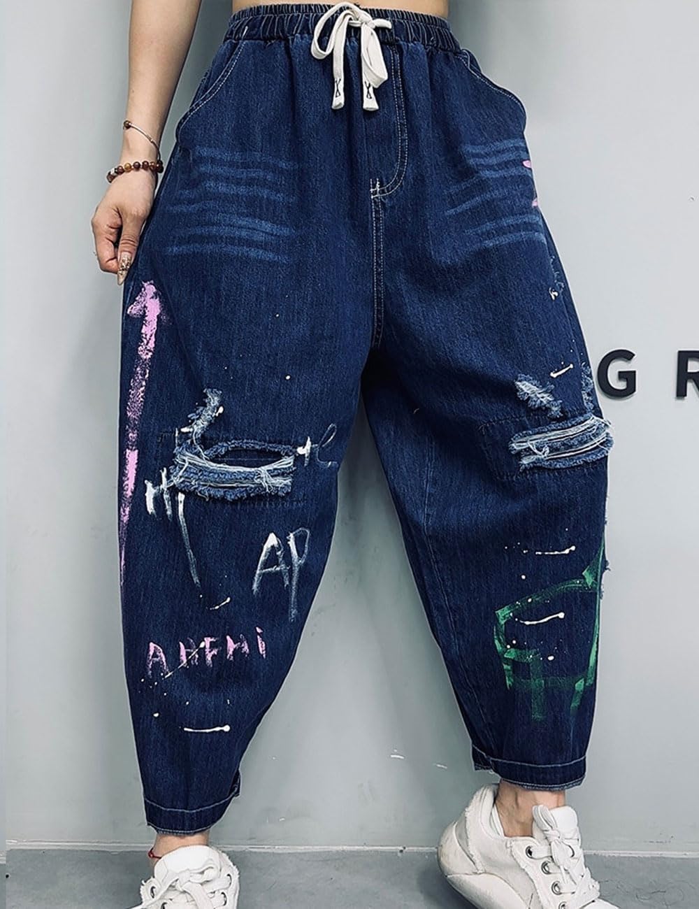 Women's Elastic Waist Harem Pants Drop Crotch Ripped Jeans Style 6