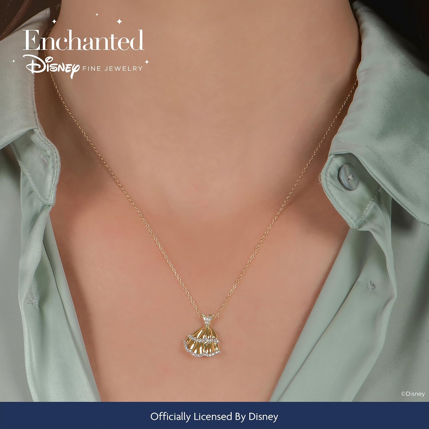 Enchanted Disney Fine Jewelry Belle Dress Pendant Necklace for Women | 14K Yellow Gold over Sterling Silver | 1/10 CTTW Natural White Round Diamonds | 18" Chain | Princess Gifts for Her