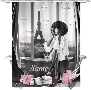 Fashion Black Women Shower Curtain African American Black Girl Shower Curtains Fabric Bathroom Eiffel Tower Pink Bubbles Set Waterproof Bath Curtain, Custom Name Bathroom Sets with Hooks