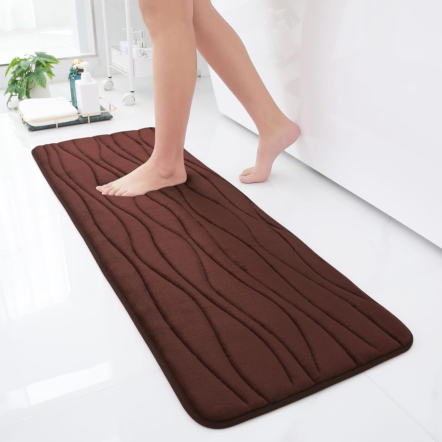 Buganda Memory Foam Bathroom Rug Runner, Ultra Soft Cozy Velvet Bath Rugs, Non-Slip Absorbent Bath Mat, Machine Washable Bathroom Mat for Bathroom Floor, Shower and Bathtub (47" x 17", Brown)