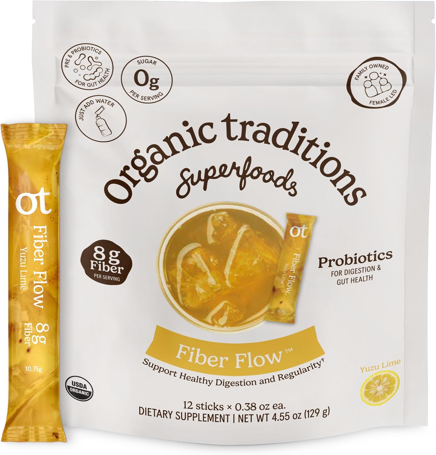 Organic Traditions Fiber Flow Sticks, Yuzu Lime Daily Blend, 12 Count