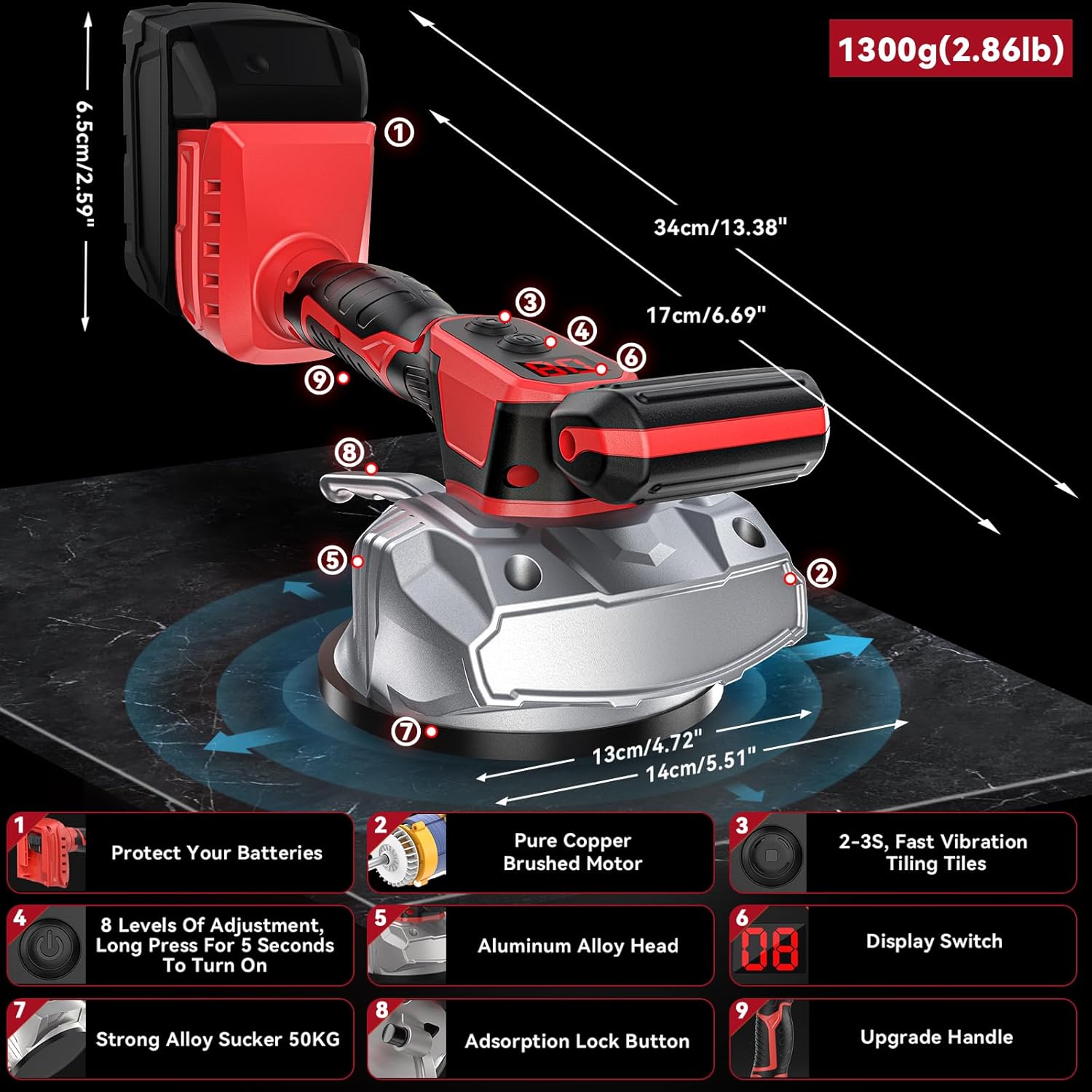 Ecarke Cordless Tile Vibration Leveling Machine Compatible with Milwaukee 18V Battery,Portable Oscillating Tool 18V with 8 Adjustable Speed,Suction Cup,Digital Display,for Floor,Tile,Wall