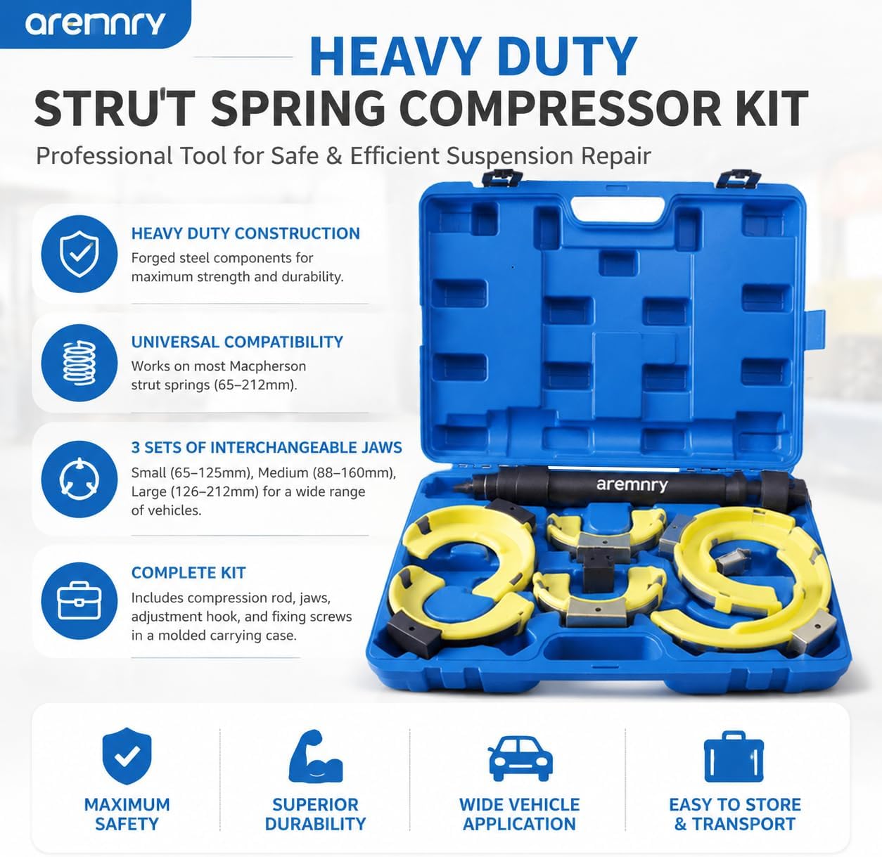 Macpherson Strut Spring Compressor Kit, Heavy Duty Interchangeable Fork Coil Extractor Tool Set for Auto Suspension Repair, Includes 3 Pairs of Jaws (65-212mm) with Carrying Case