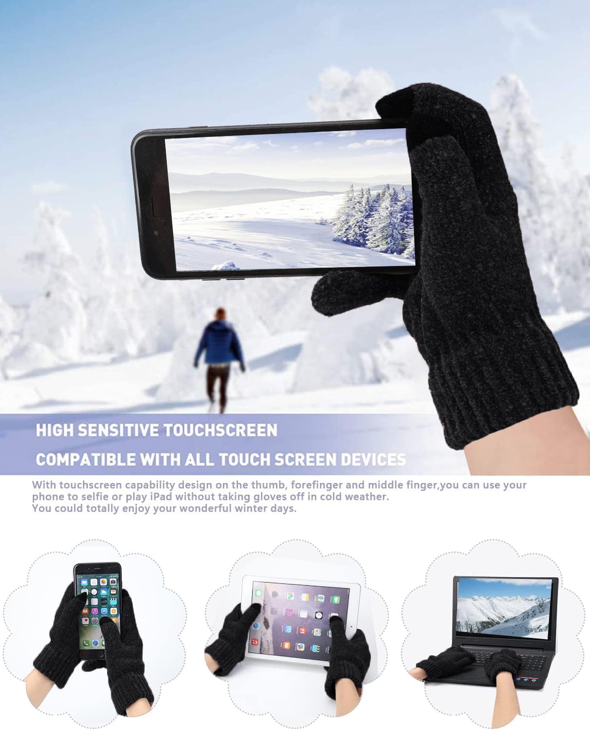 Womens Winter Knit Warm Hat Beanie Long Scarf Touch Screen Gloves Set Skull Caps Neck Scarves for Women - Image 3