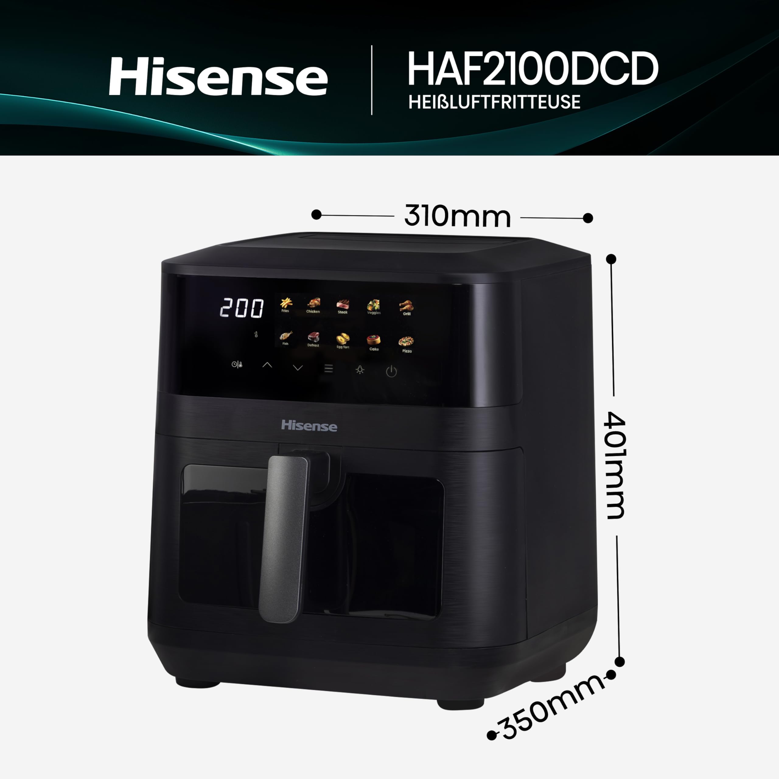 Hisense HAF2100DCD Heißluftfritteuse /2100 W /7,7 L Kapazität /10 voreingestellte Programme/Antihaft-Beschichtung/Energieeffizient/Start Delay Funktion/HxBxT: 40,1 x 31 x 35 cm/Schwarz